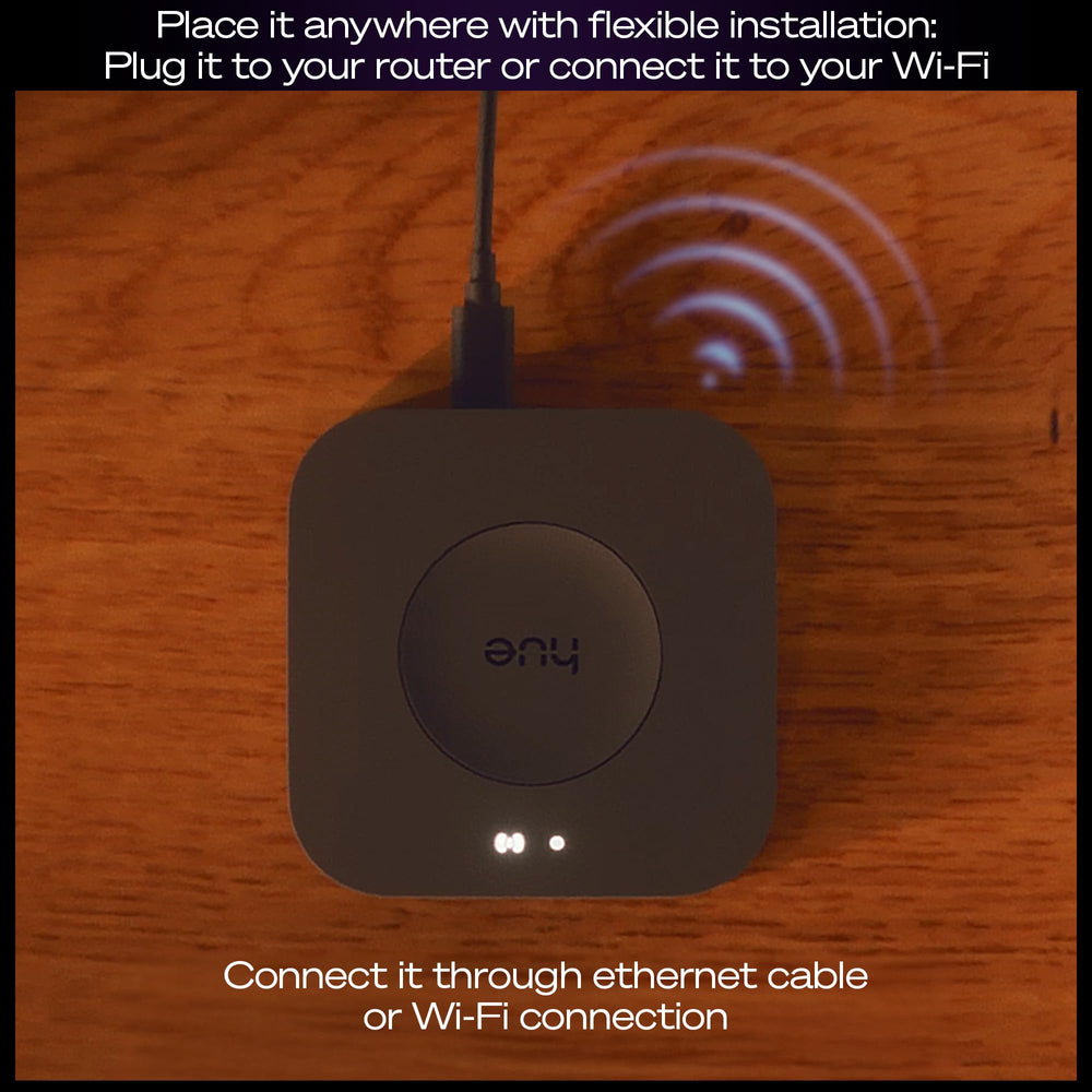 Philips Hue Bridge Pro used in living room controlling lights for reliable automation
