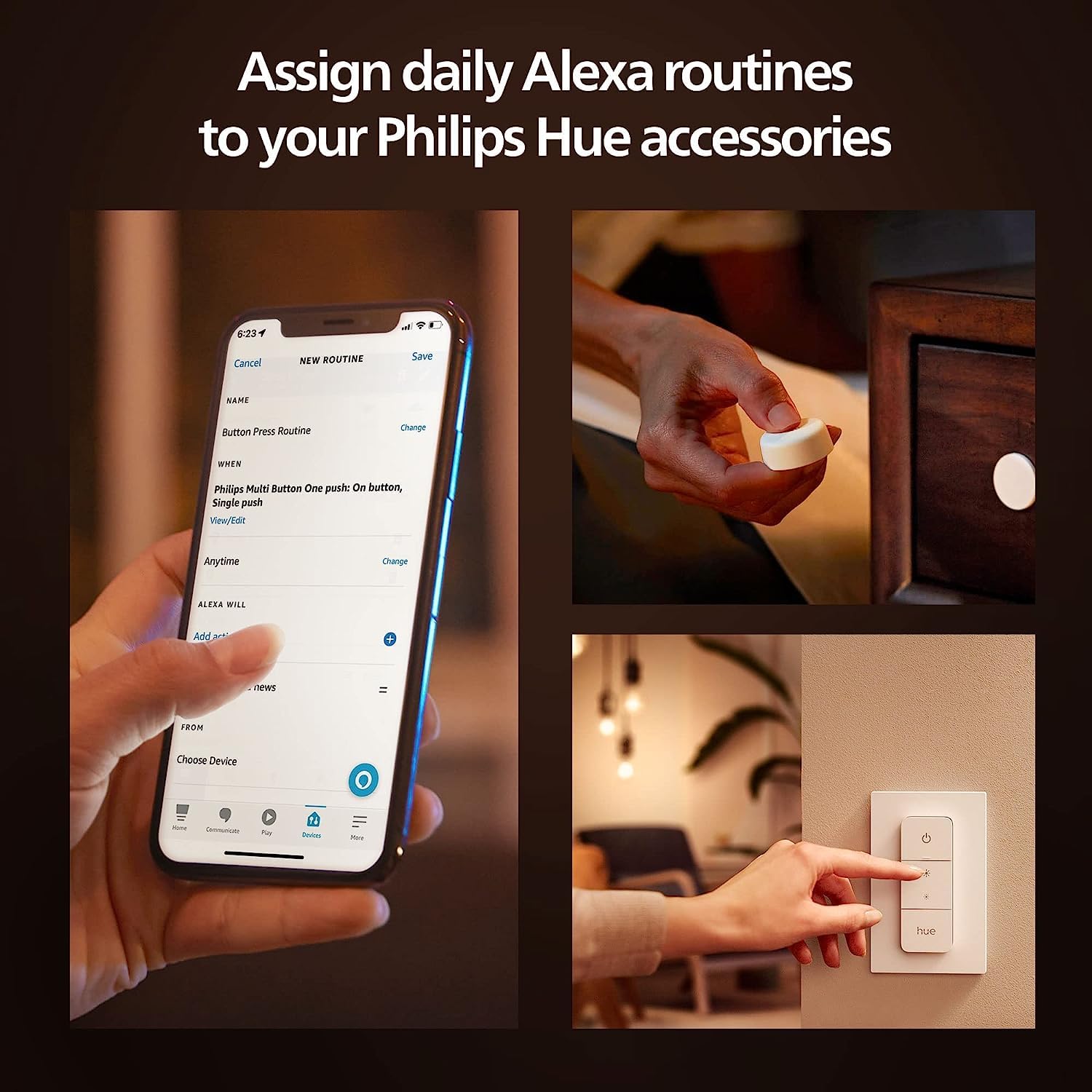 Philips Hue dimmer adherido a la pared con adhesivo, instalación sin taladro