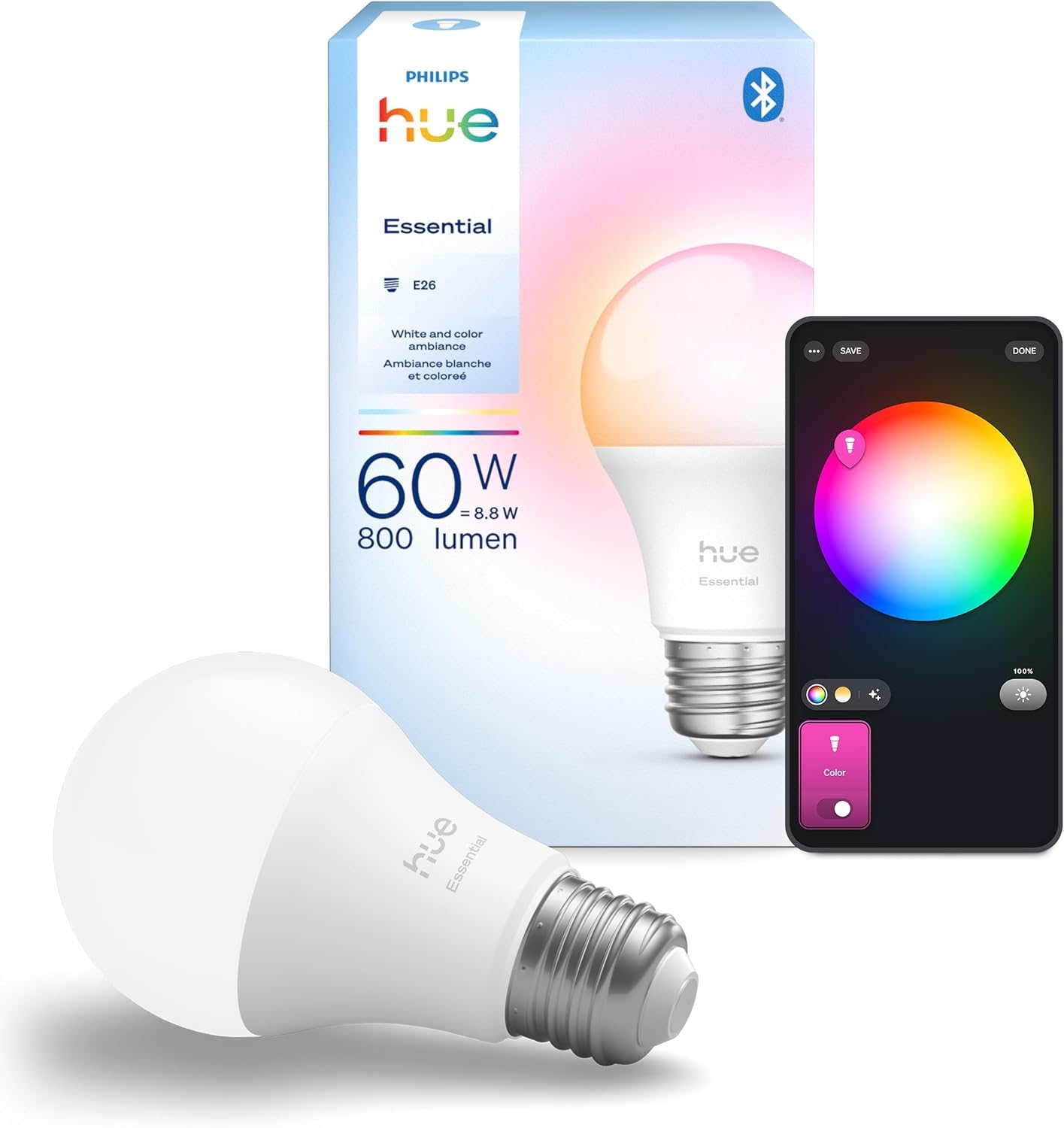 Philips Hue bombilla frontal mostrando diseño moderno y control inteligente