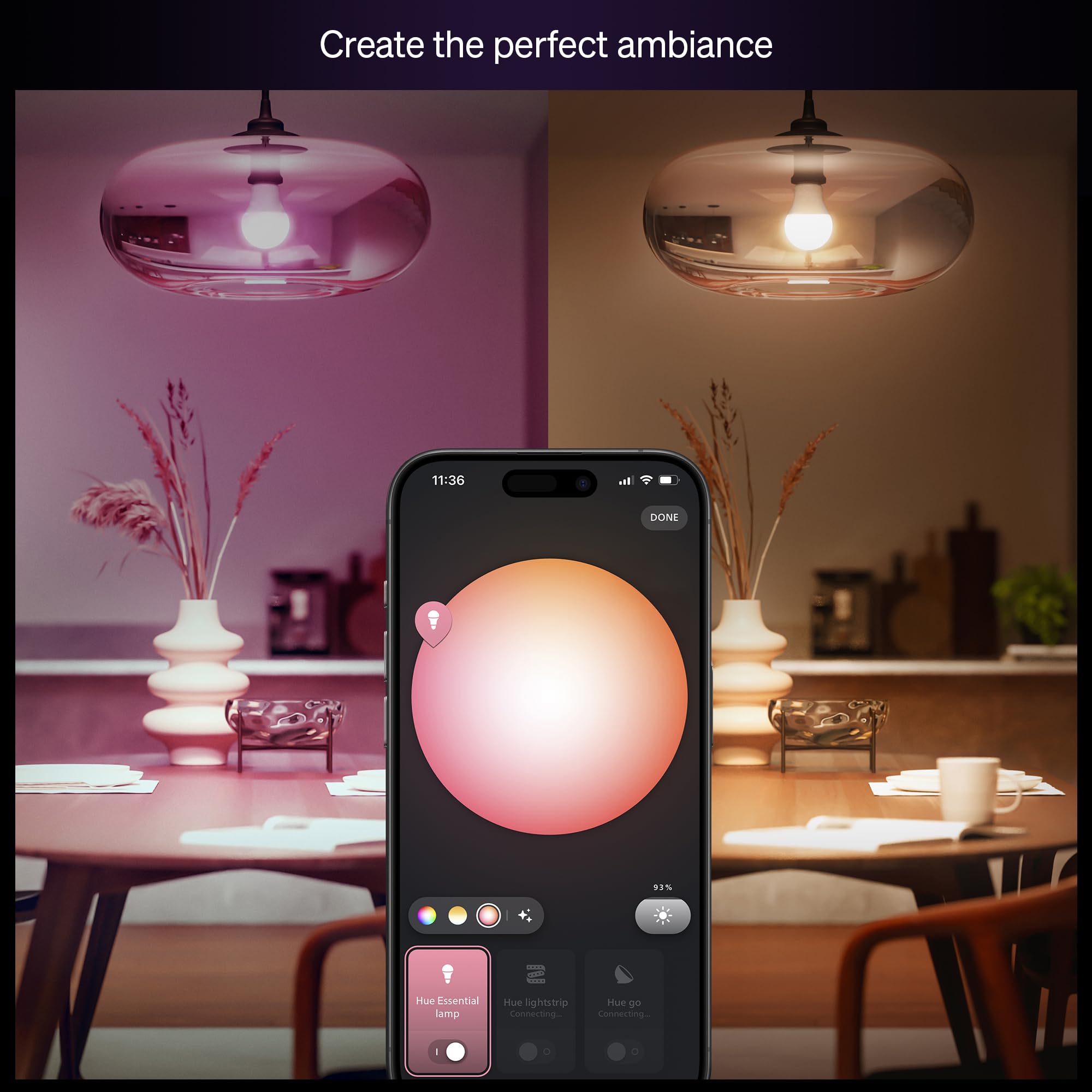 Philips Hue luz visible cambiando de cálido a frío demostrando versatilidad