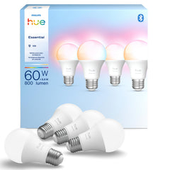Philips Hue frontal del paquete mostrando las cuatro bombillas y beneficios de color