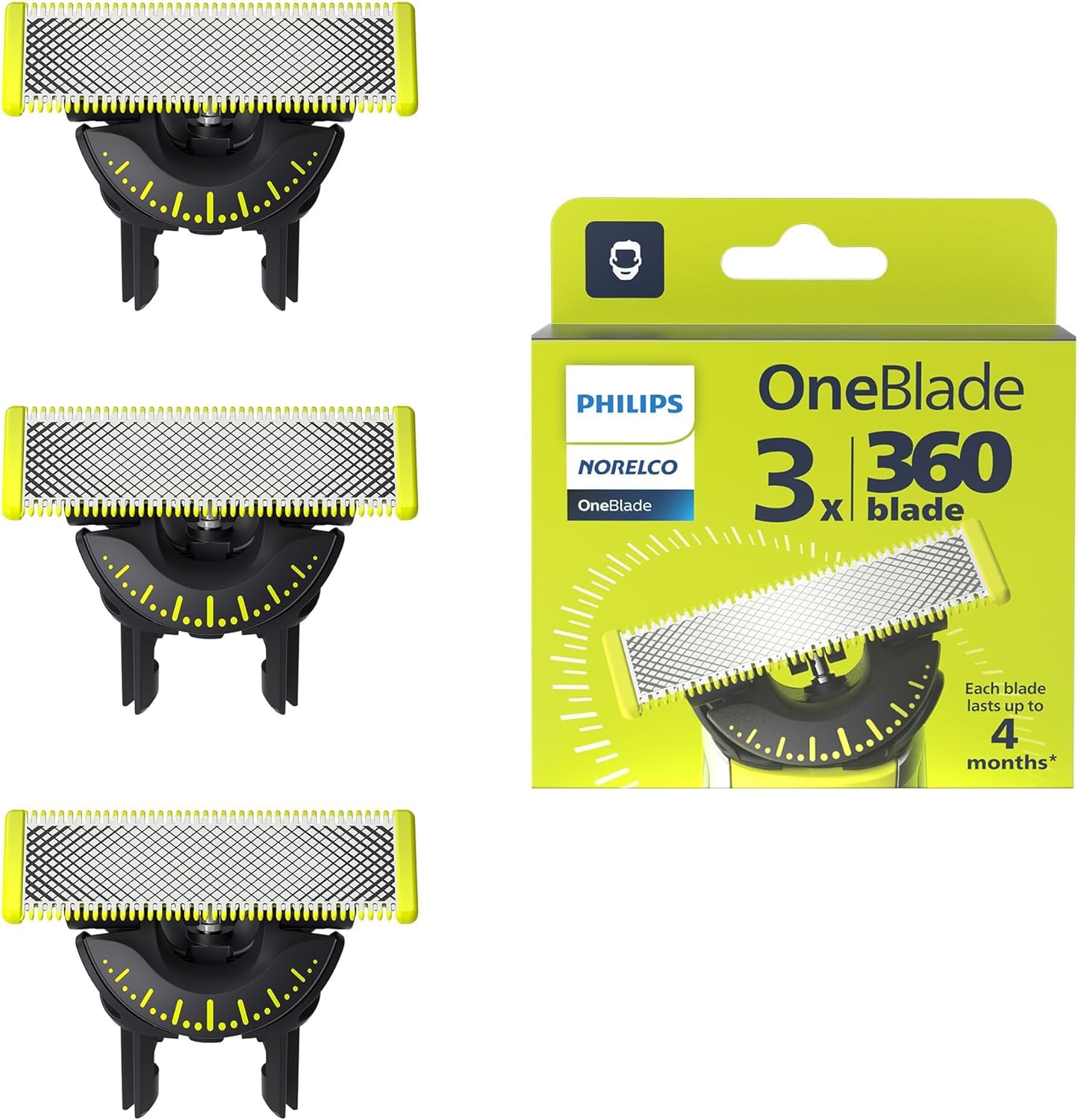 PHILIPS OneBlade vista frontal del empaque con pack de 3 recambios, fácil sustitución