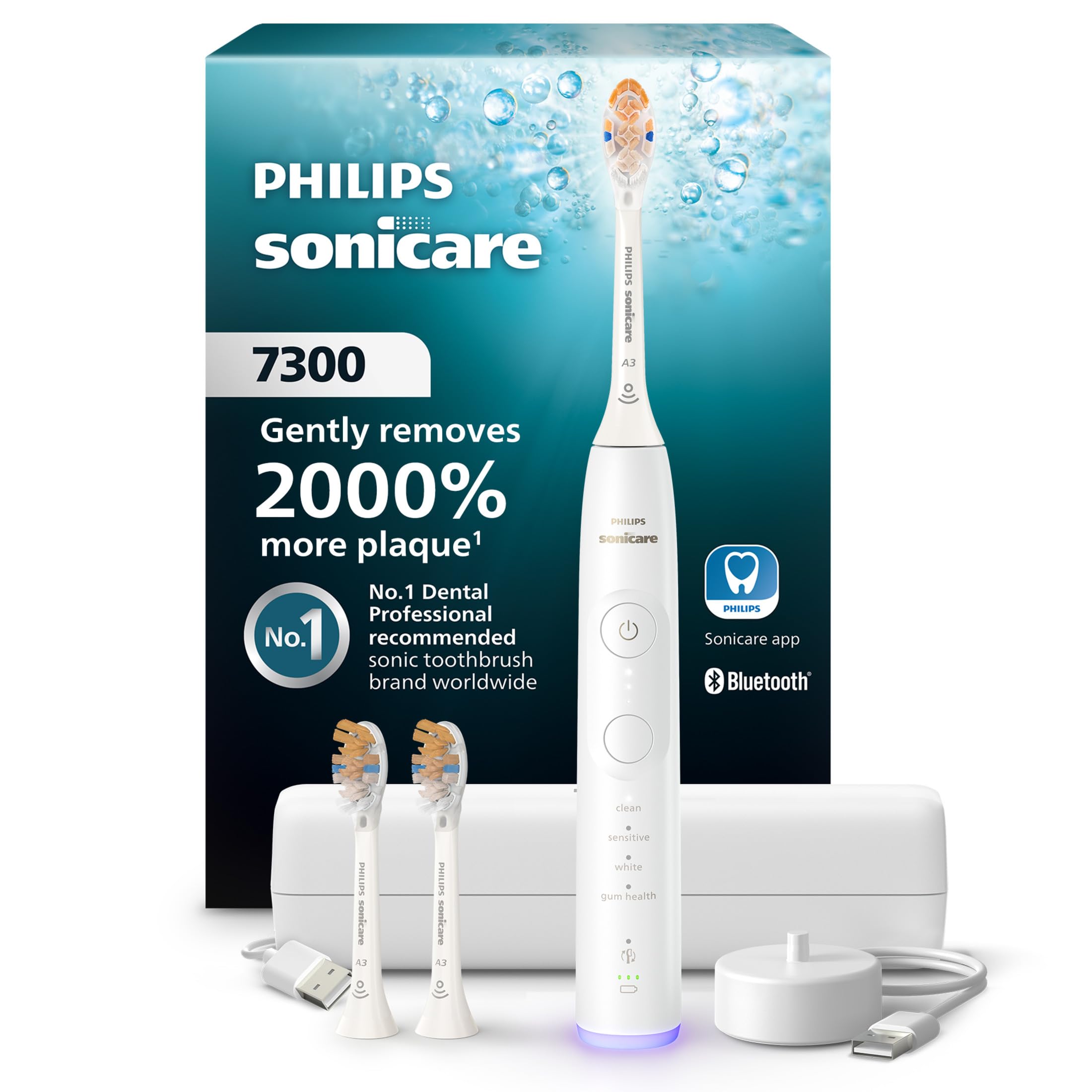 Philips Sonicare 7300 front view showing sleek white handle and brush for powerful clean