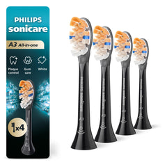 Philips Sonicare A3 vista frontal del empaque mostrando 4 cabezales y beneficio de suministro anual