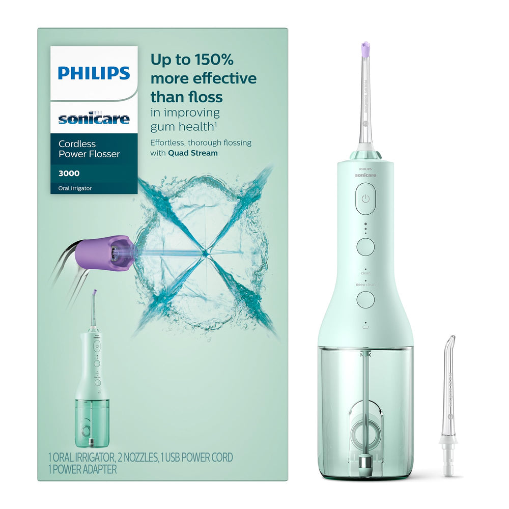Philips Sonicare flosser 3000 front view showing controls and ergonomic grip for comfortable handling
