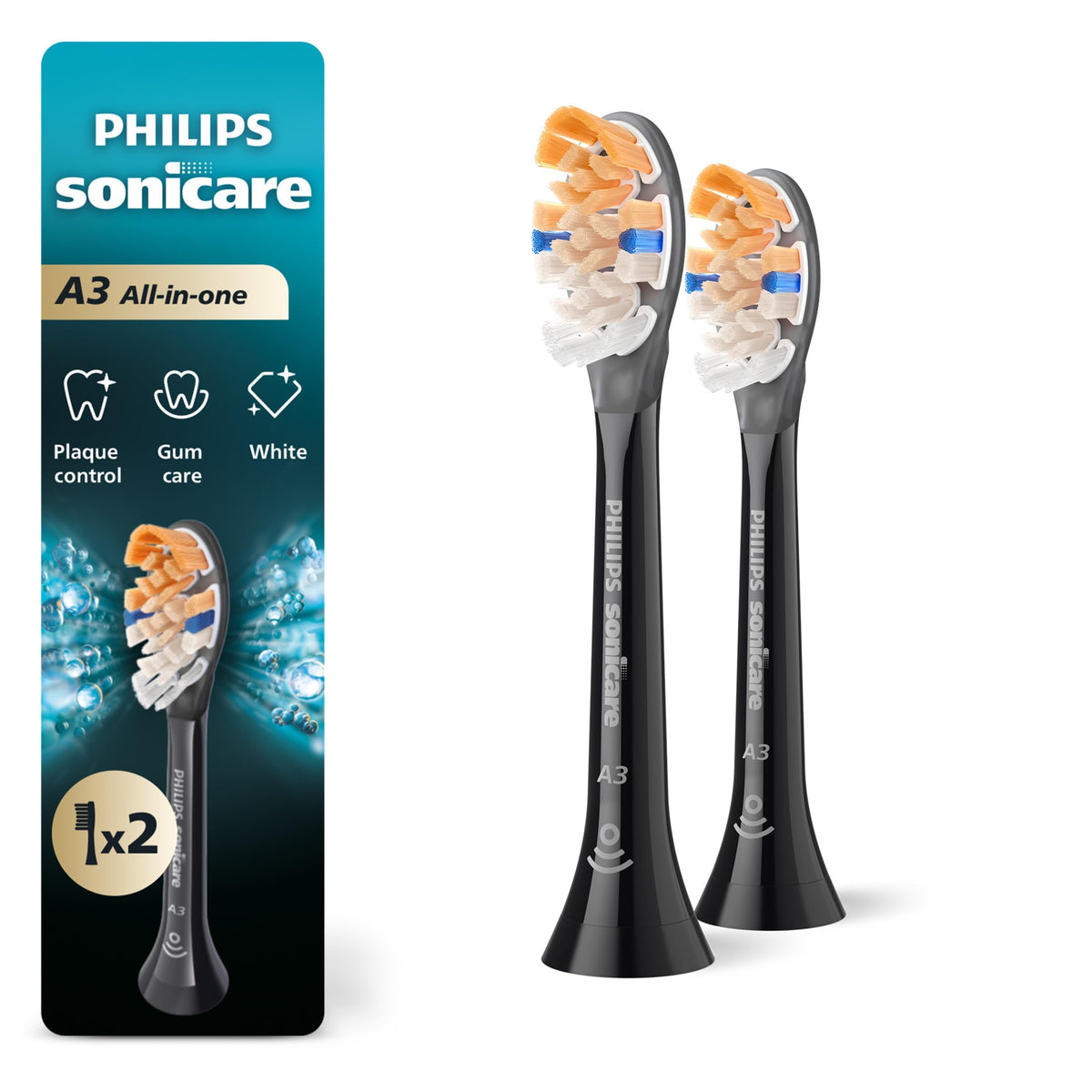 Philips Sonicare front packaging showing two black A3 heads and benefits