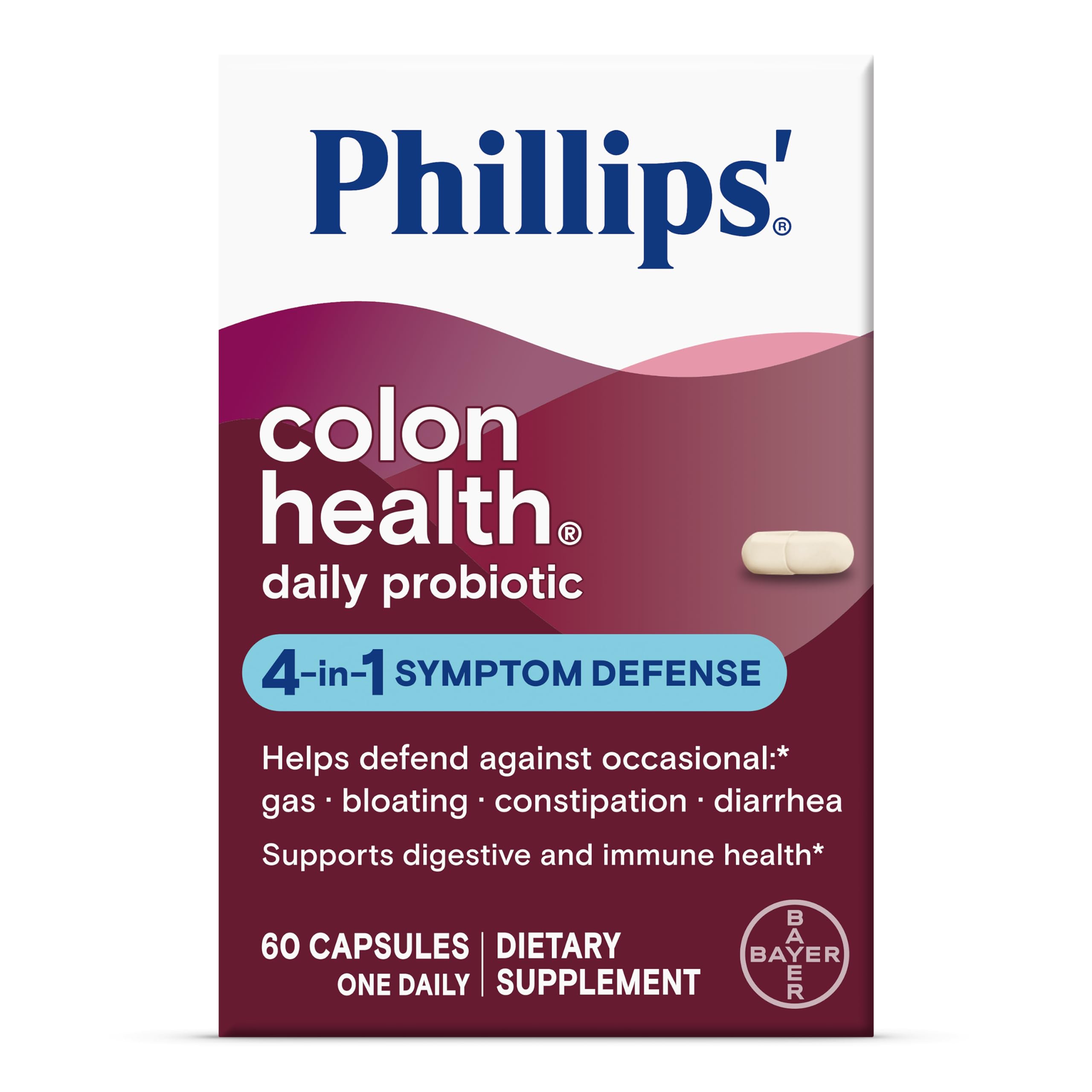 Phillips' envase frontal mostrando 60 cápsulas y beneficios
