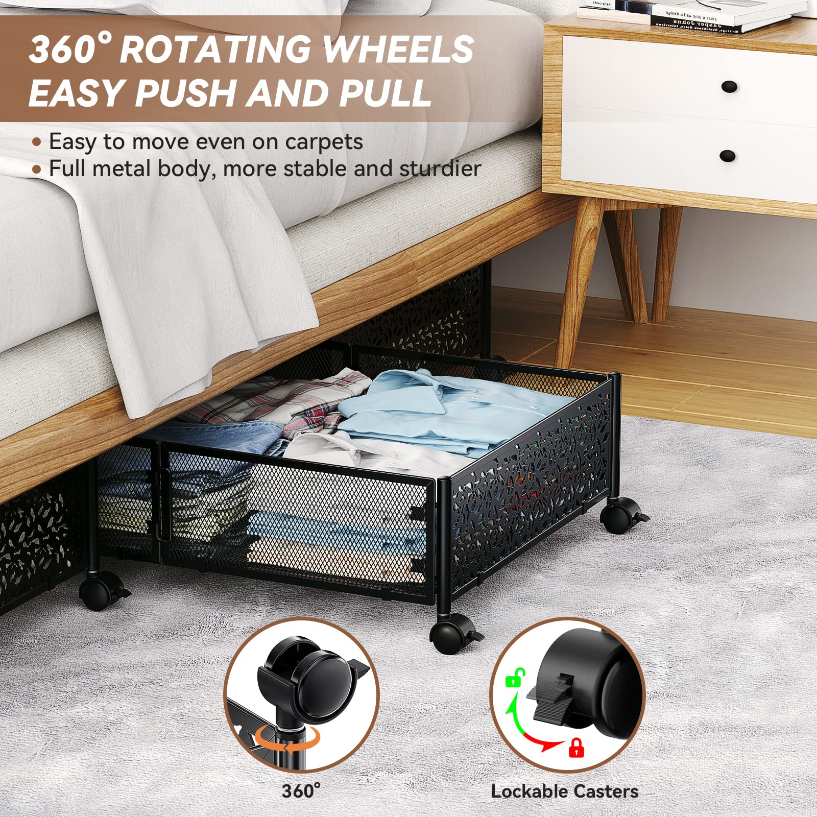 PHINOX contenedor bajo cama con ropa dentro, acceso rápido y ahorro de espacio