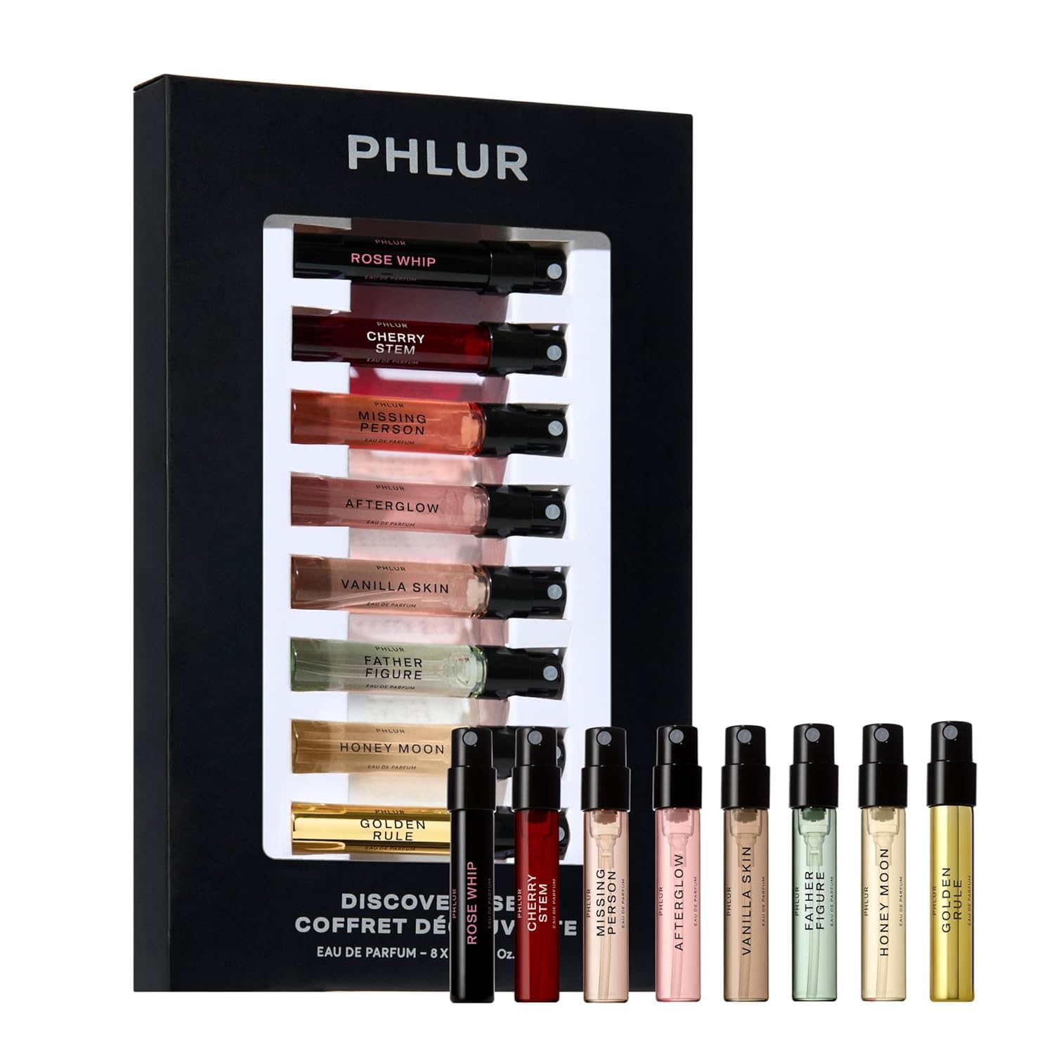 PHLUR discovery set front packaging showing eight sample vials and branding, easy gifting