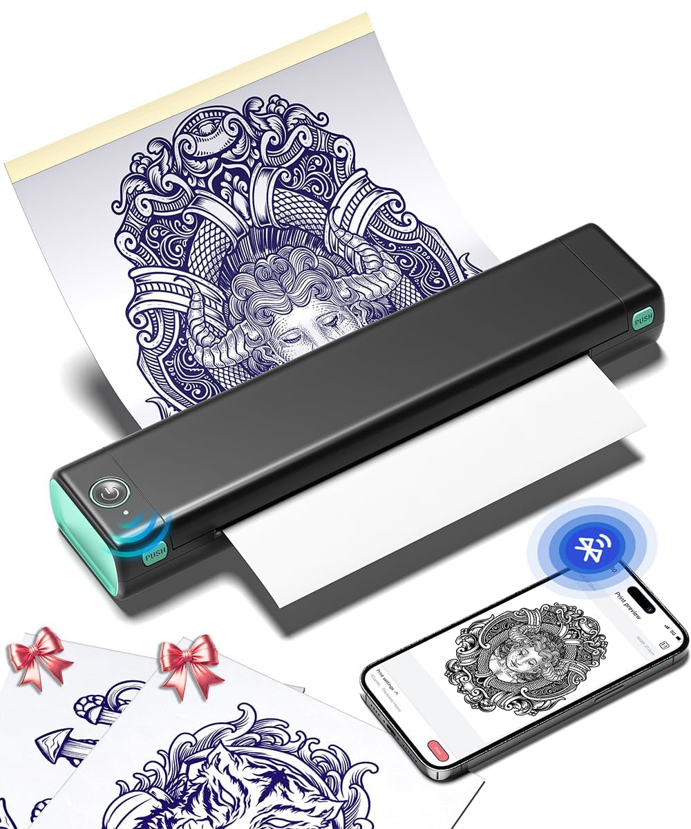 Phomemo M08F front packaging showing compact tattoo printer and benefits