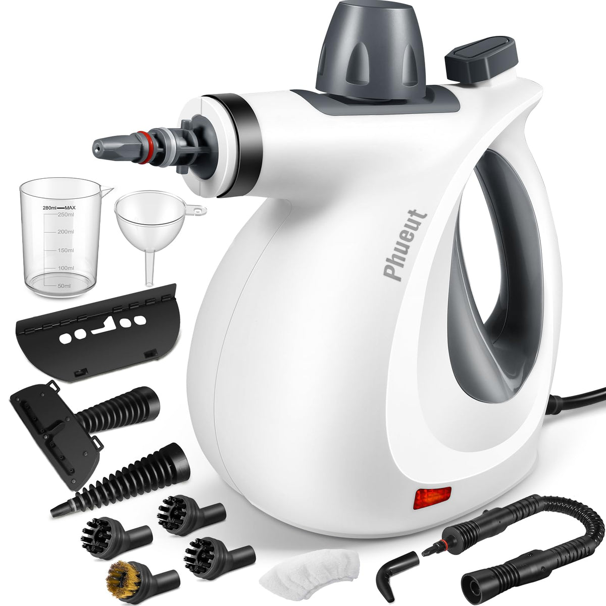 Phueut front angled steamer showing compact design and fast cleaning