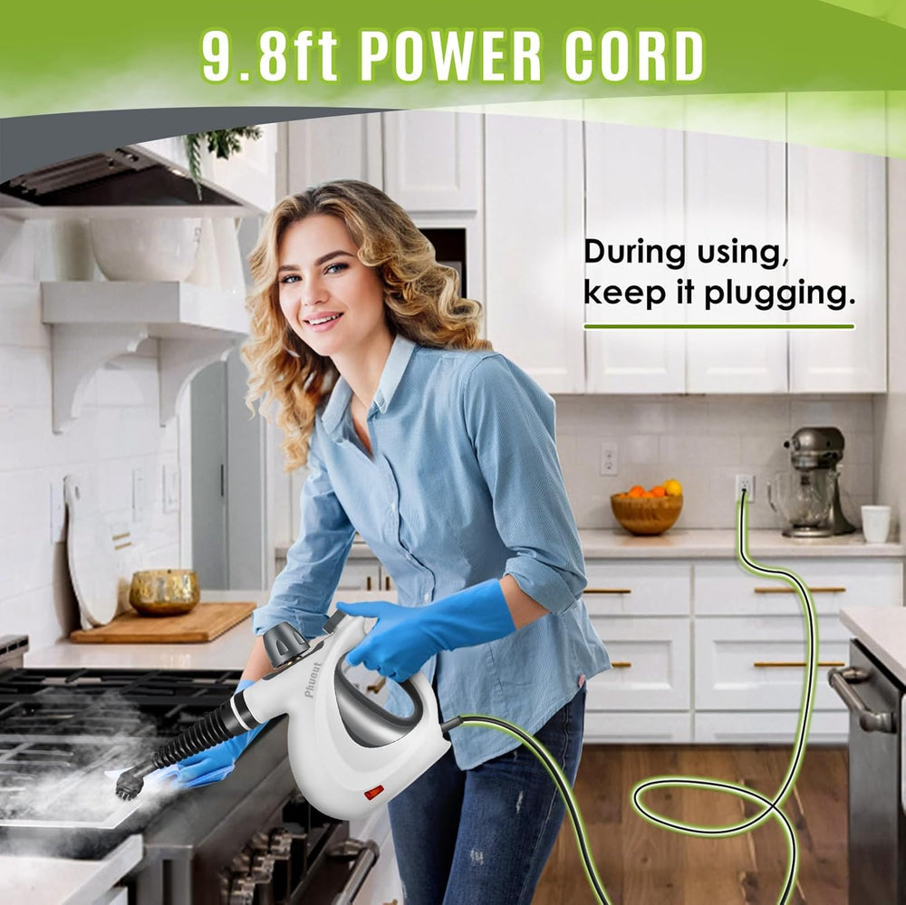 Phueut nozzle detail emitting steam for powerful chemical‑free cleaning