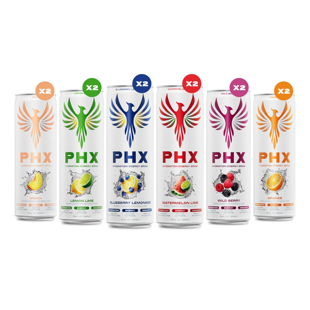 PHX close-up label highlighting electrolytes and 200mg natural caffeine