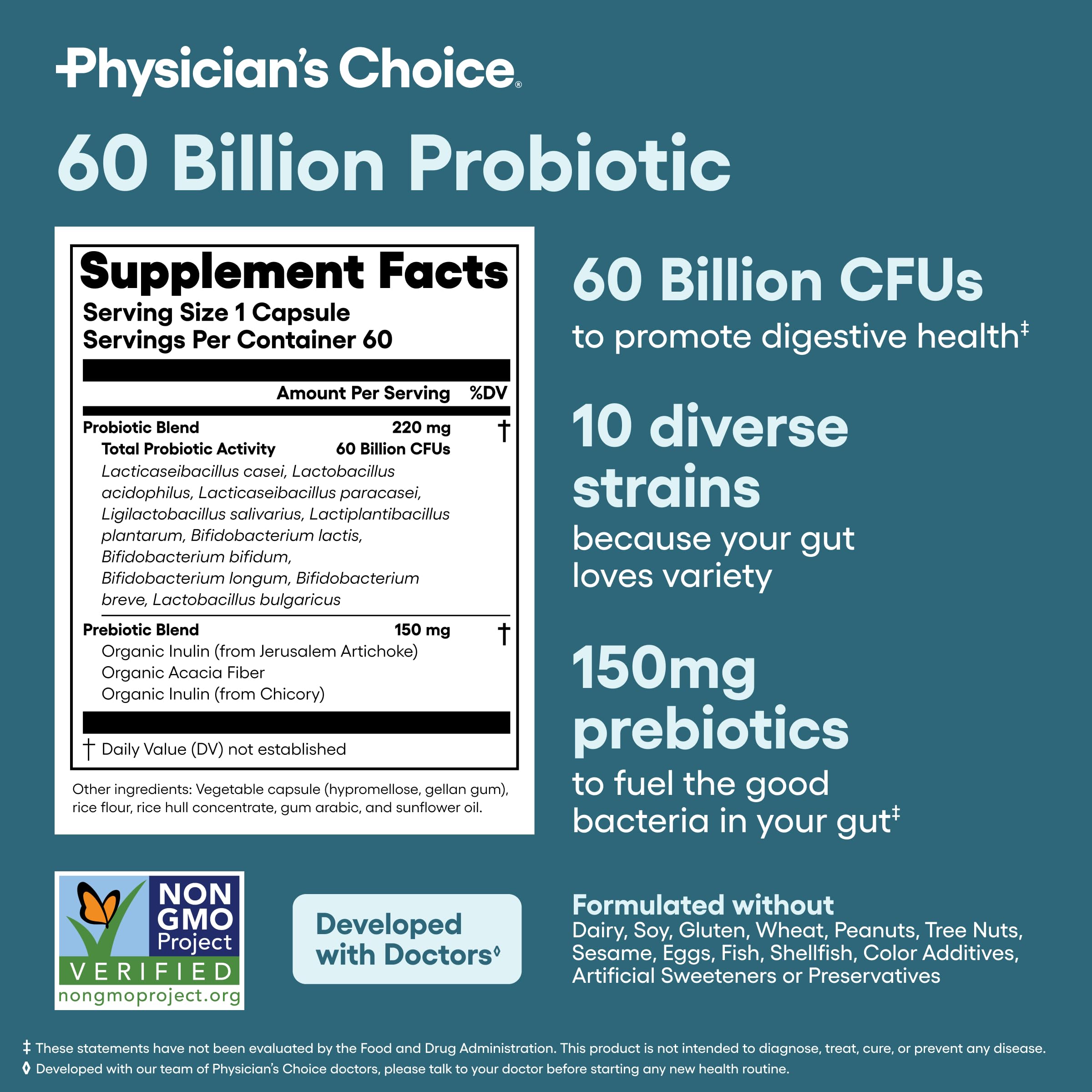 Physician's CHOICE etiqueta nutricional enfocada en CFU y cepas listadas