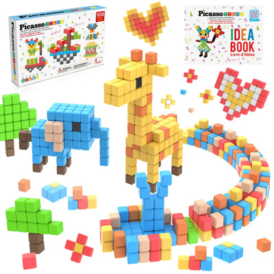 PicassoTiles caja frontal mostrando 108 cubos y beneficios educativos