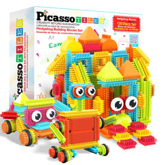 PicassoTiles paquete frontal PTB120 mostrando piezas y colores, promueve juego creativo