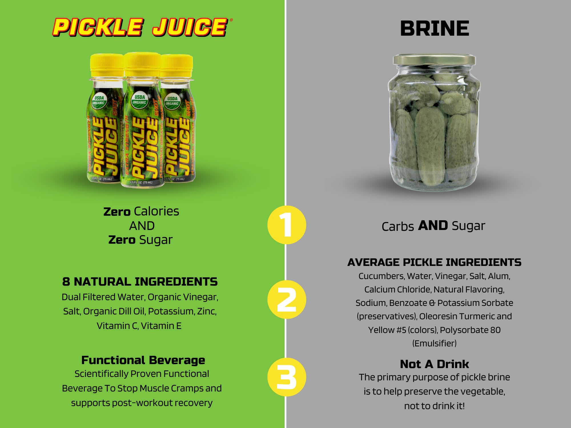 Pickle Juice ingredientes naturales visibles resaltando electrolitos y ausencia de azúcar