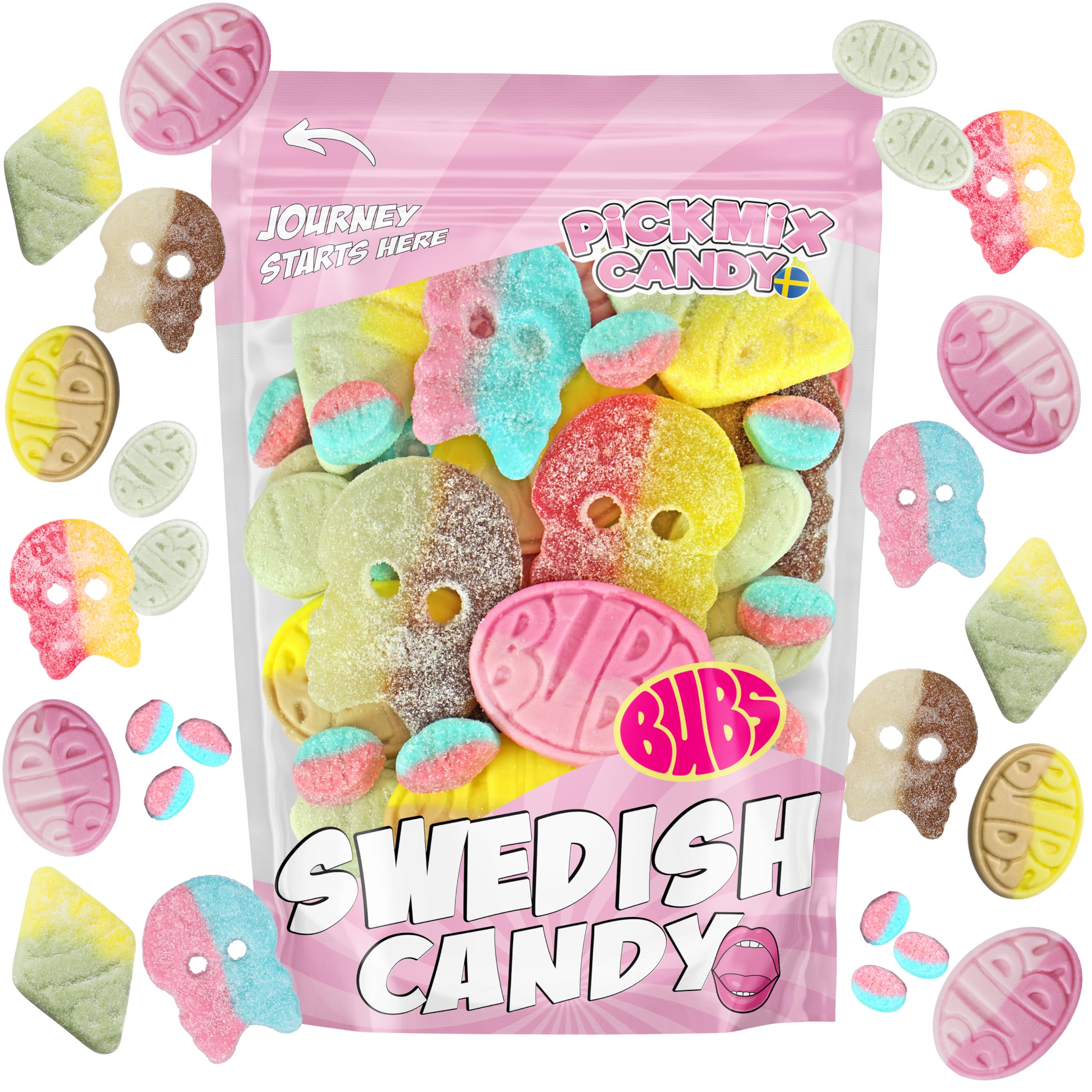 Pickmix Candy Sweden paquete frontal BUBS mostrando 8 sabores y cierre resellable