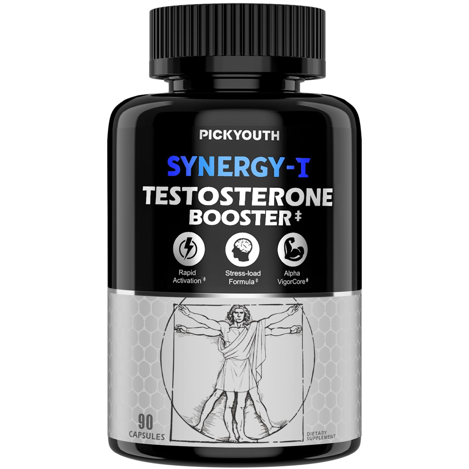 PickYouth frasco Synergy-T frente mostrando diseño y beneficios