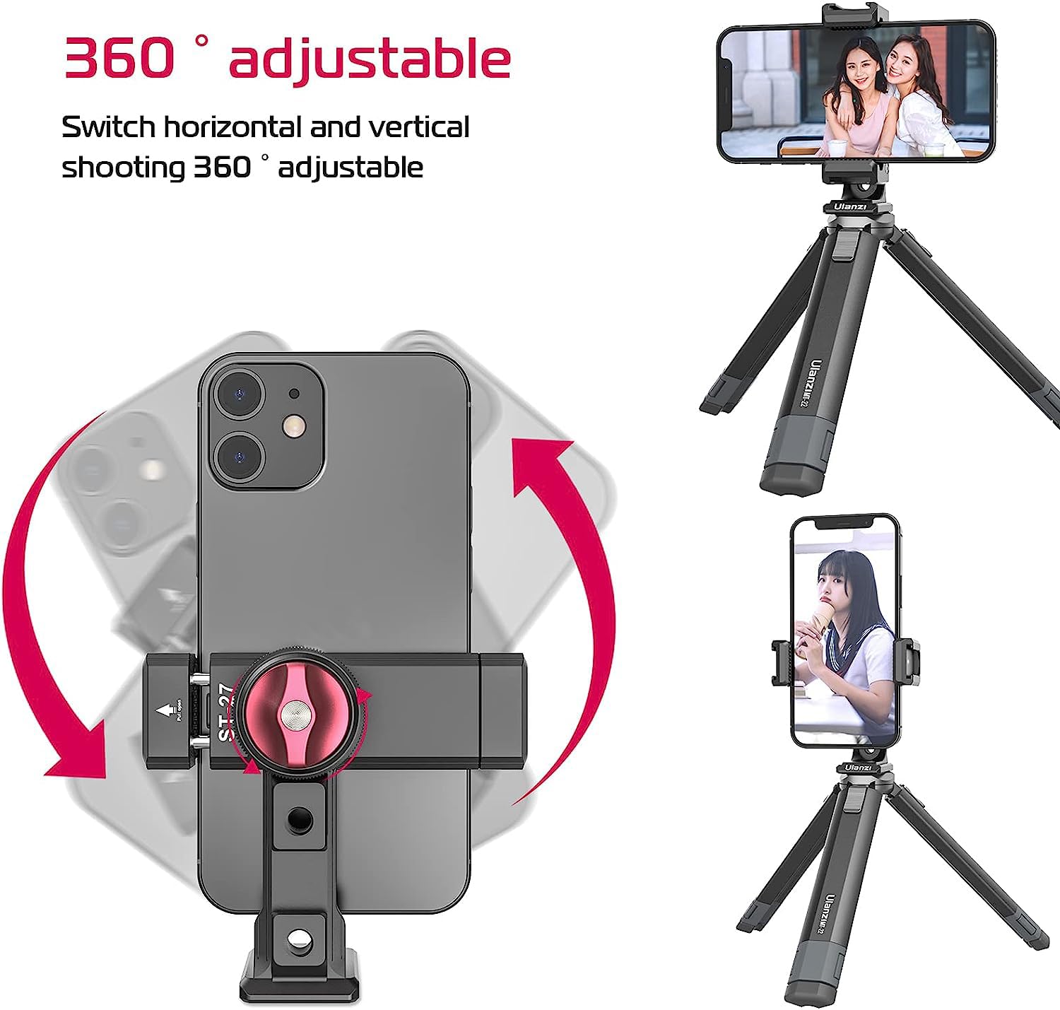 PICTRON mounted smartphone with LED and mic demonstrating ready-to-shoot setup