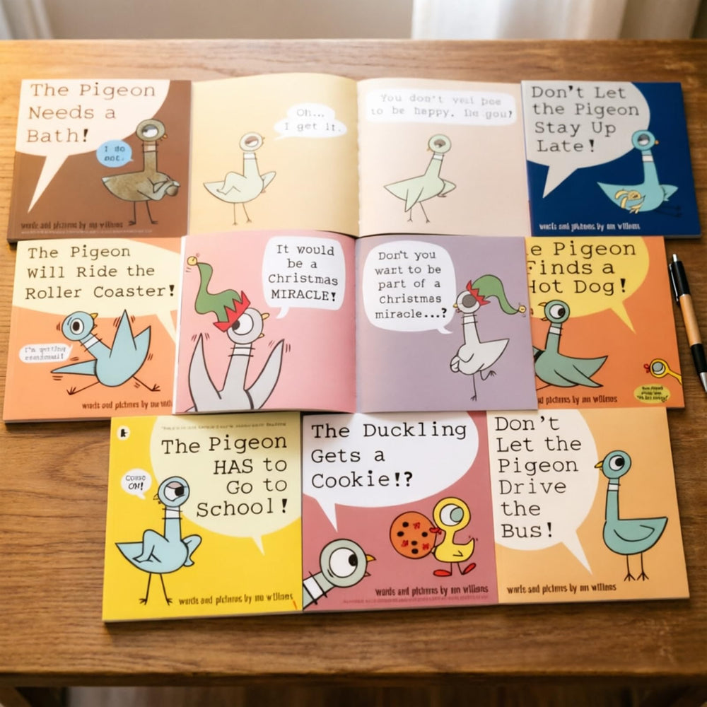 Generic libro Pigeon abierto en página interior con texto y dibujo, ayuda a seguimiento visual