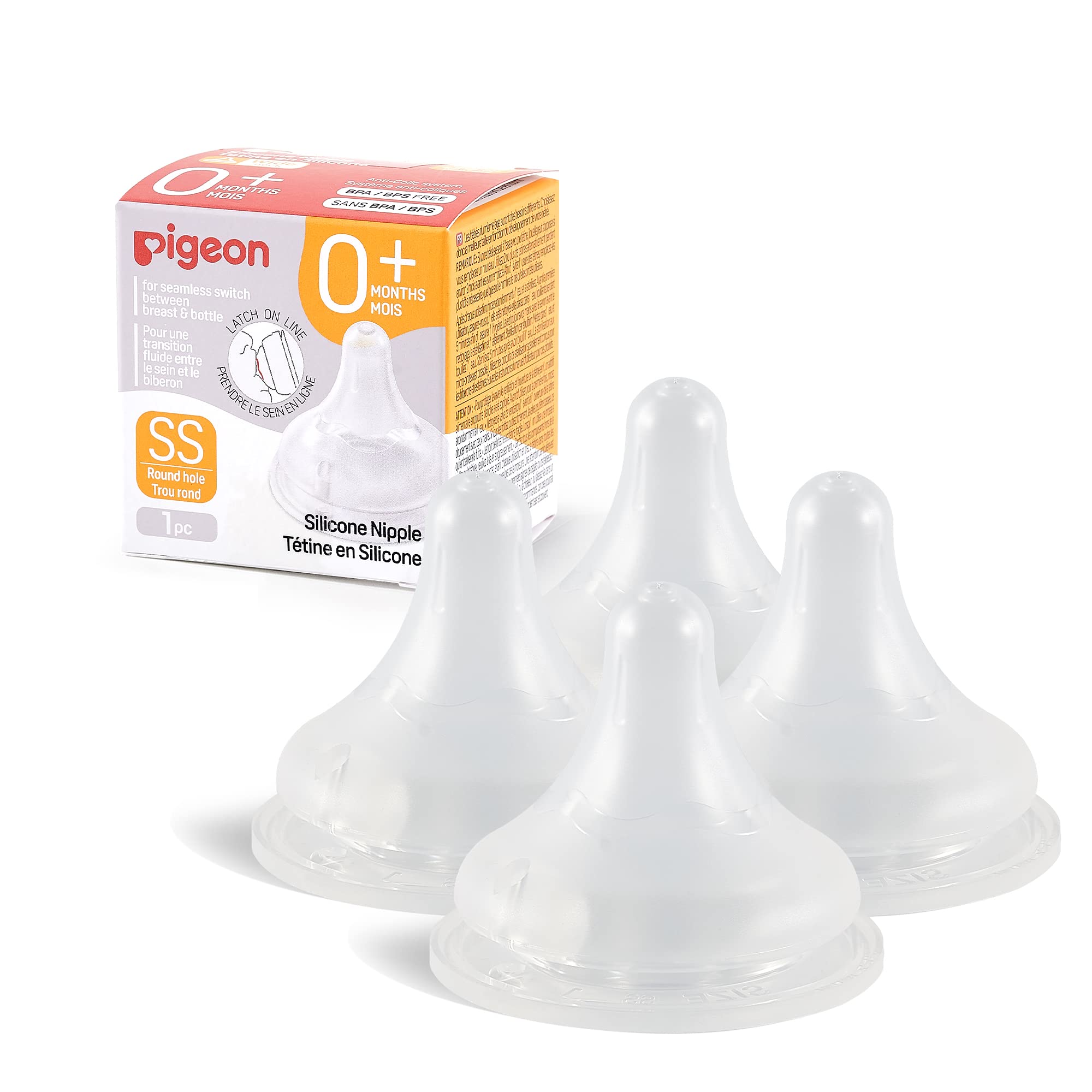 PIGEON tetina pack delantero mostrando cuatro unidades y beneficios