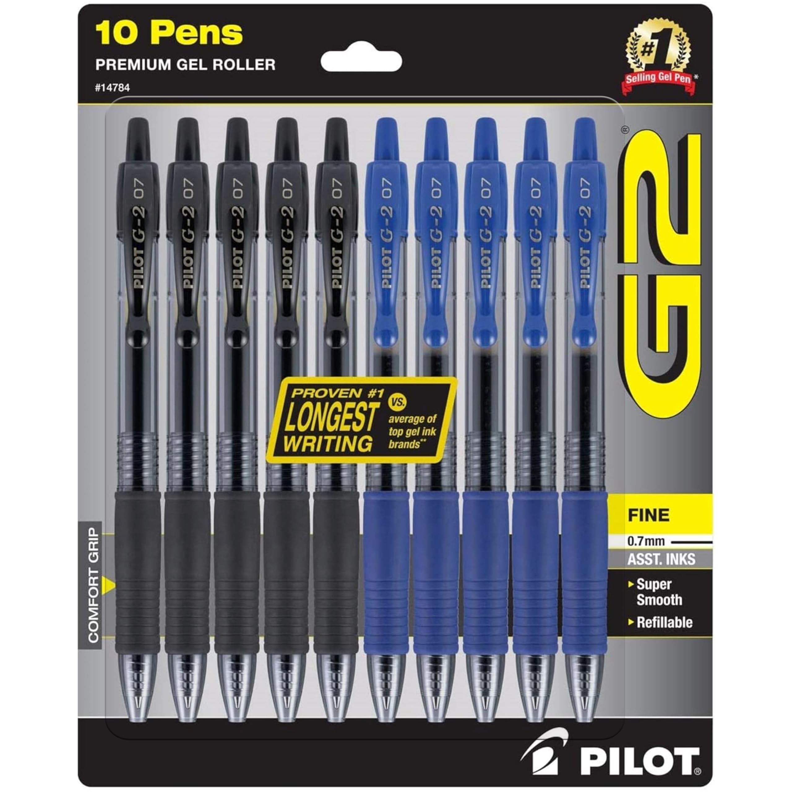 PILOT G2 frontal del pack de 10 muestra colores y diseño, fiable para uso diario