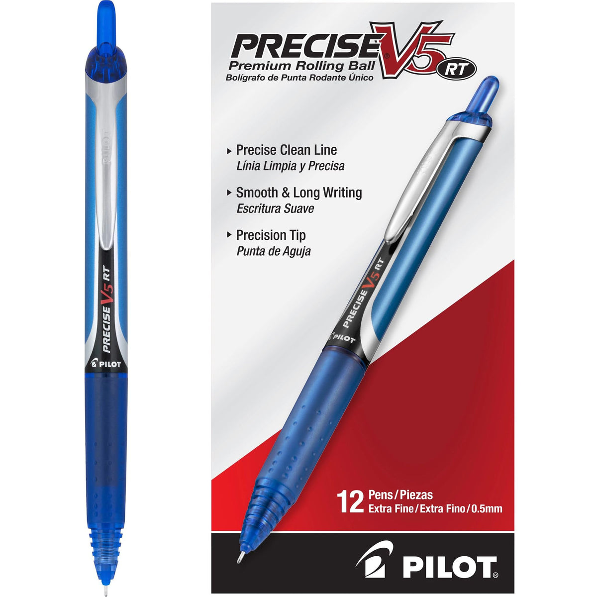 PILOT Precise V5 RT frontal paquete mostrando 12 bolígrafos azules utilidad inmediata