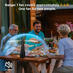 PIMAG fan on a table protecting plates and drinks for peaceful dining