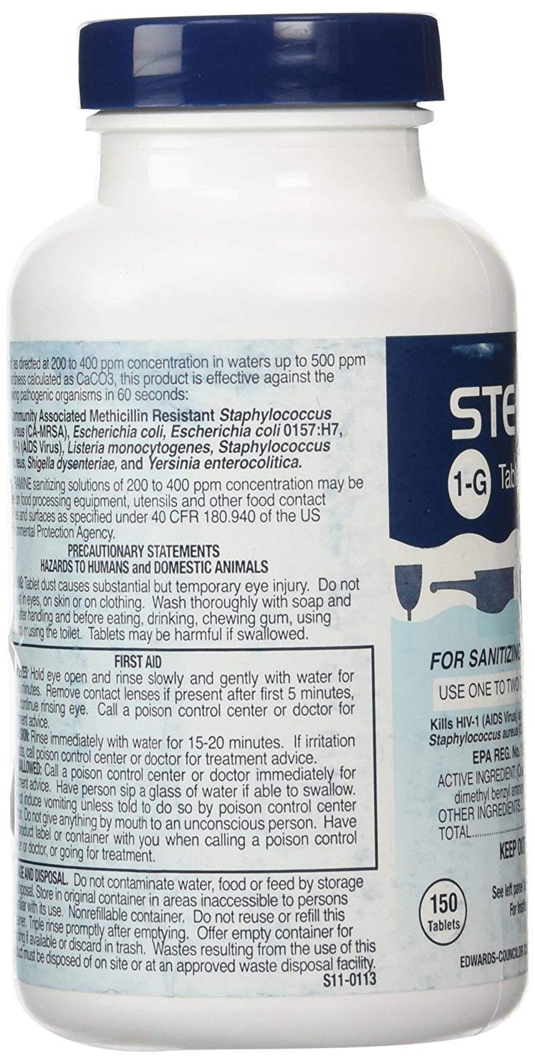 Pink Rhyme Steramine label detail showing dosing instructions and storage info