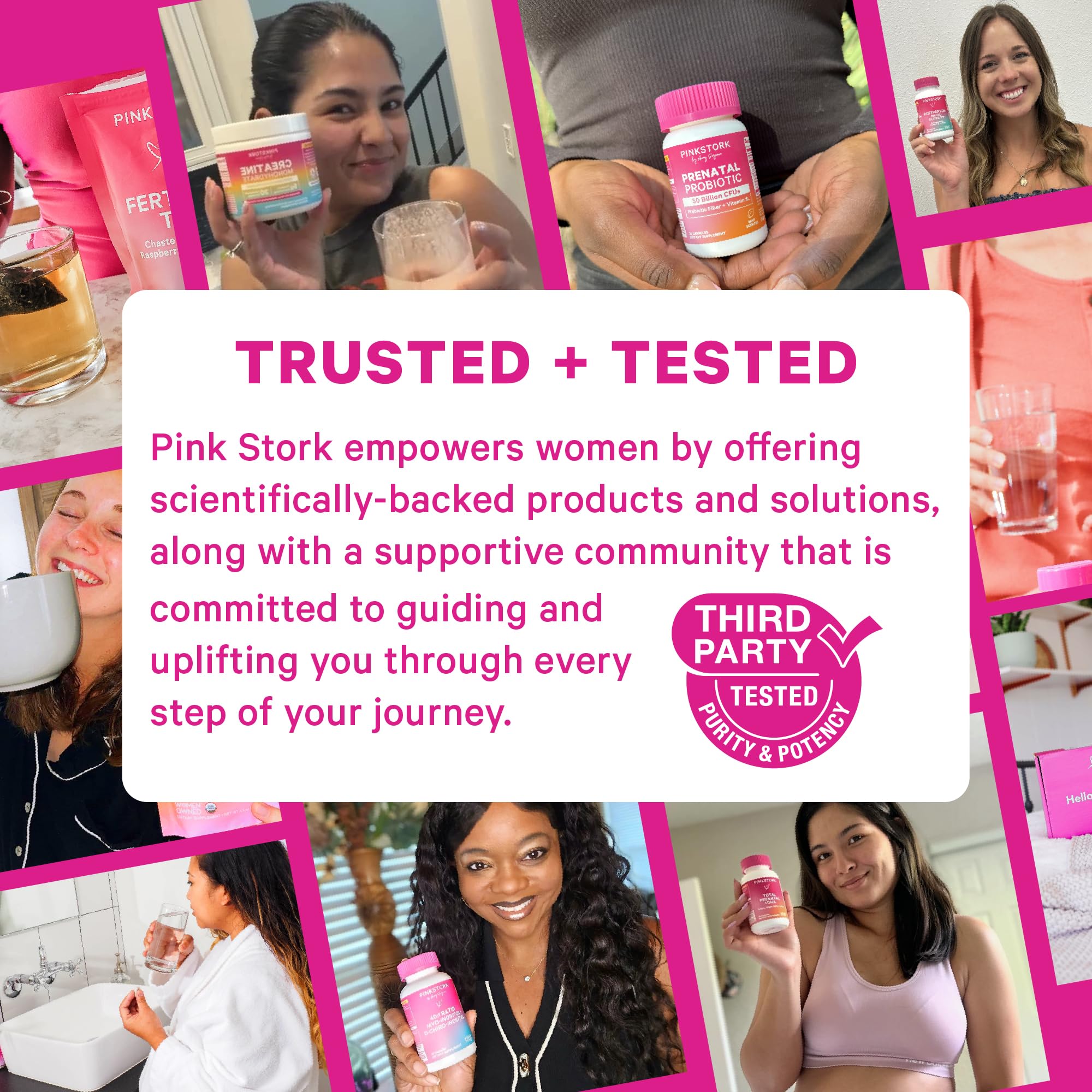 Frasco Pink Stork sostenido en mano con botella UV protegiendo la potencia