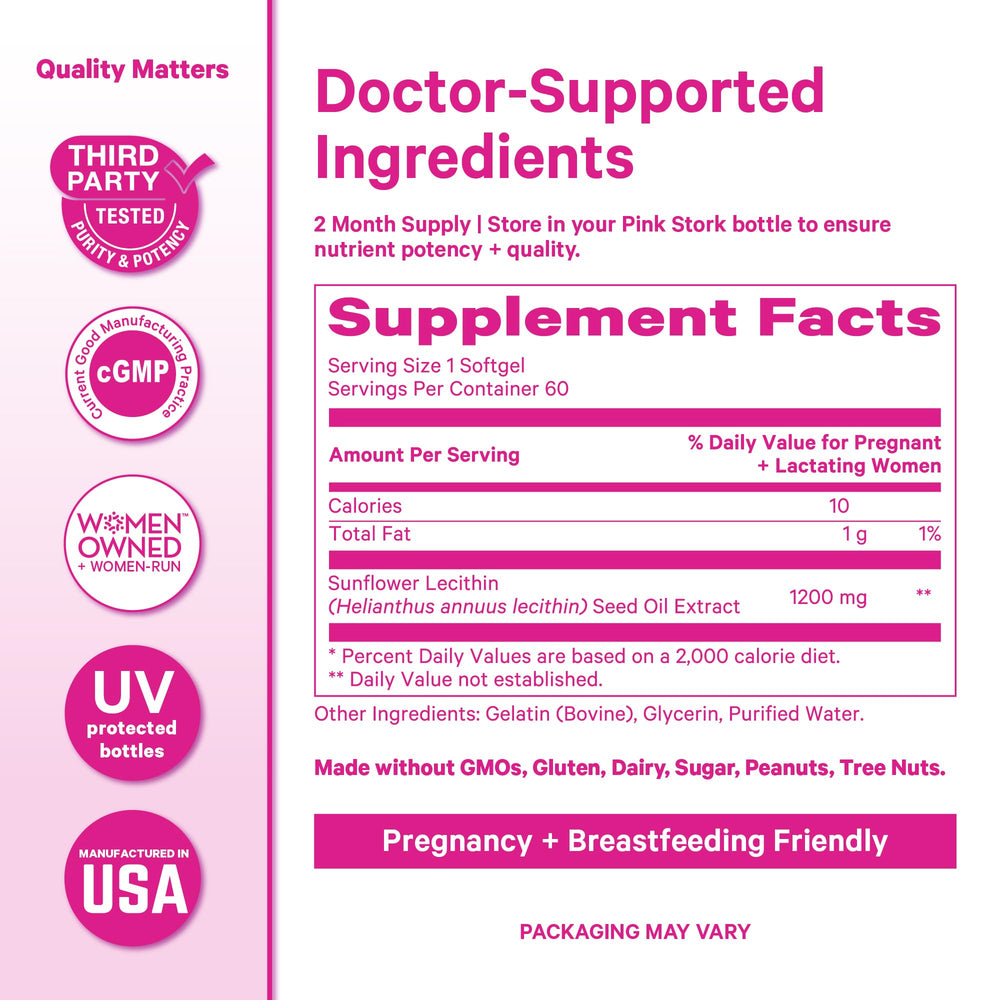 Pink Stork caja abierta mostrando 60 softgels y presentación clara