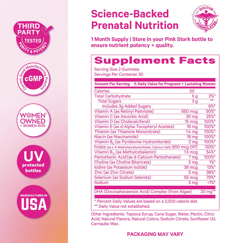 Pink Stork etiqueta nutricional legible, información de folato metilado