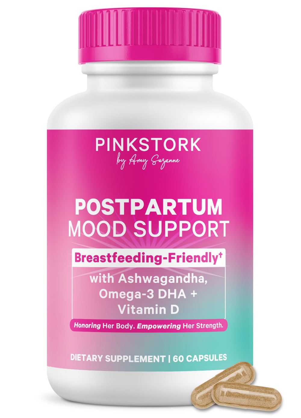 Pink Stork frasco frontal de Postpartum Mood Support mostrando envase y beneficio de apoyo emocional