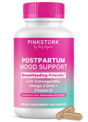 Pink Stork frasco frontal de Postpartum Mood Support mostrando envase y beneficio de apoyo emocional