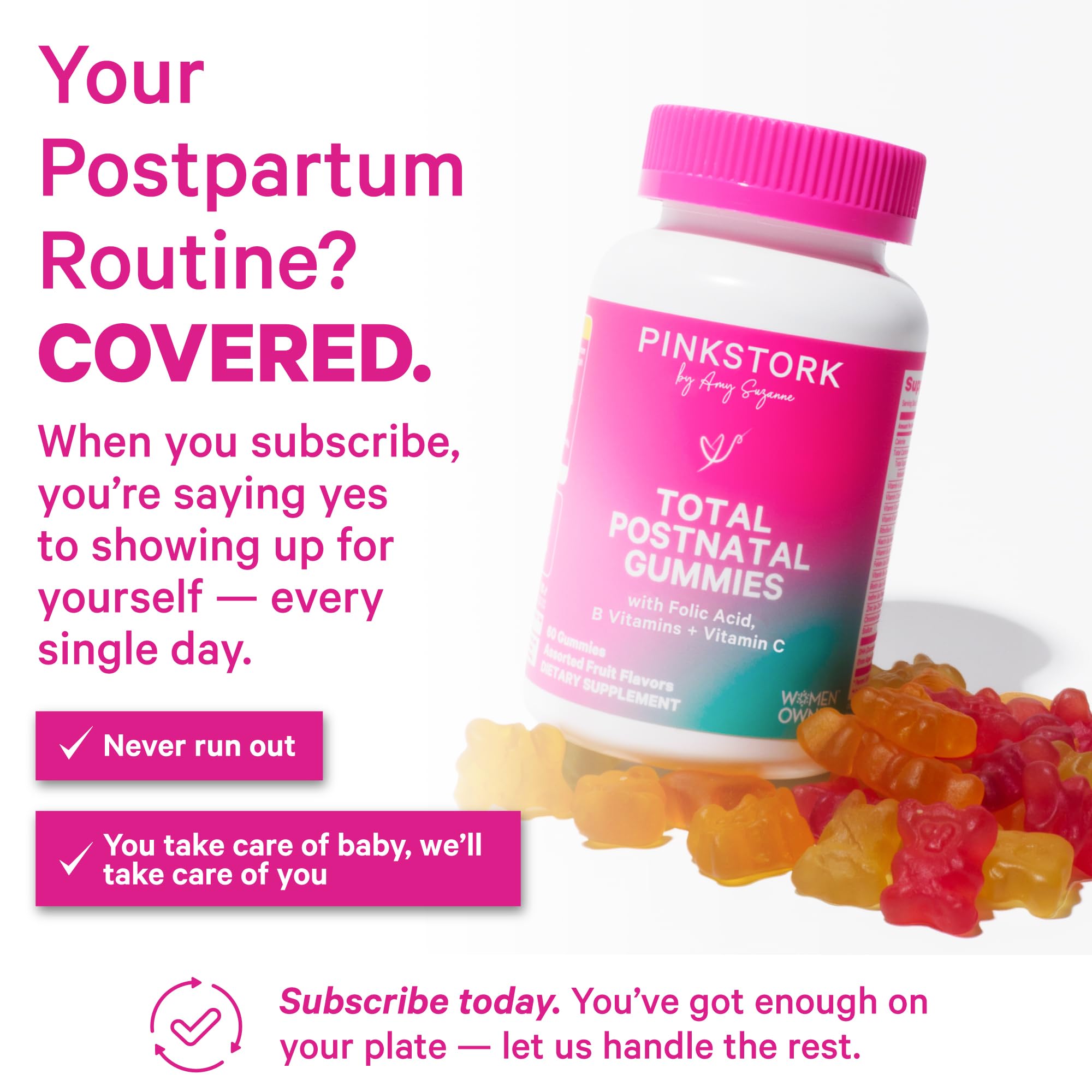 Pink Stork gummies in a diaper bag for on-the-go postpartum convenience
