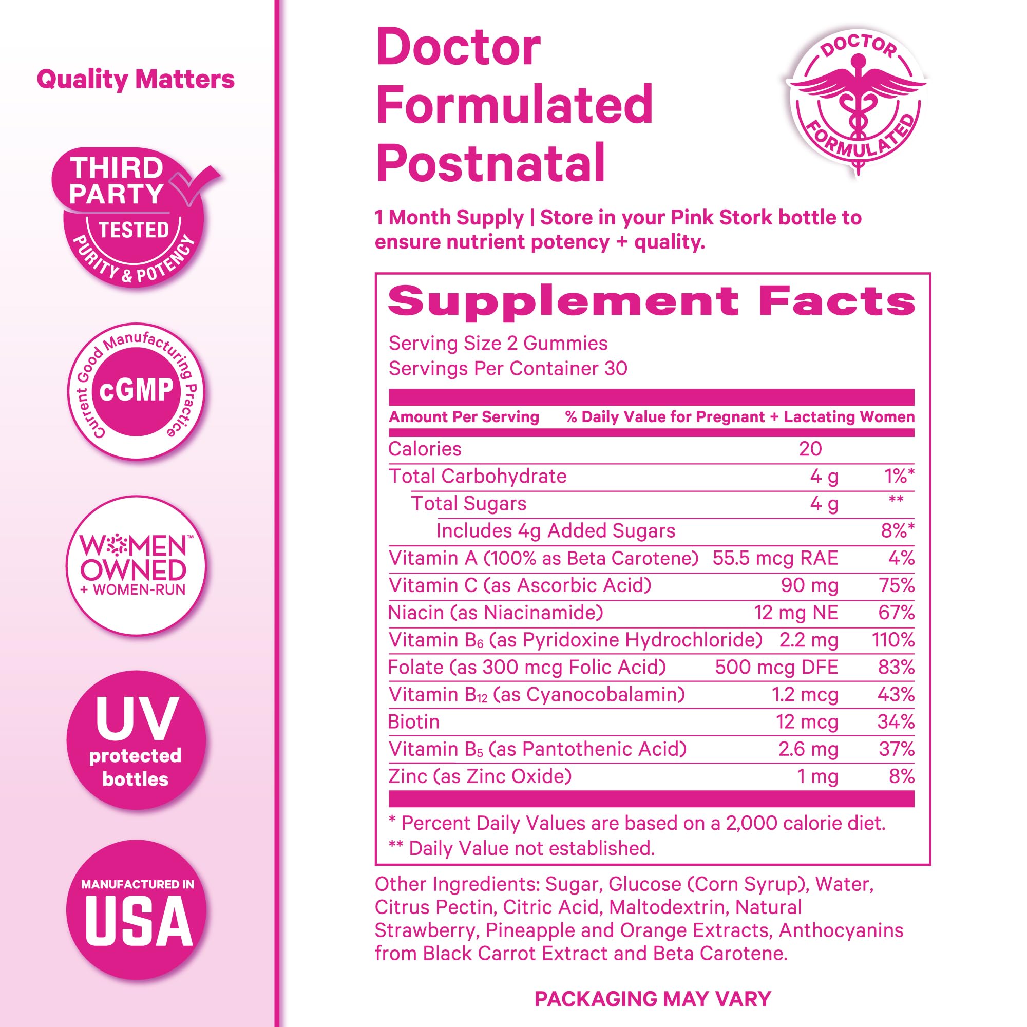 Pink Stork ingredients label highlighting key nutrients for replenishment