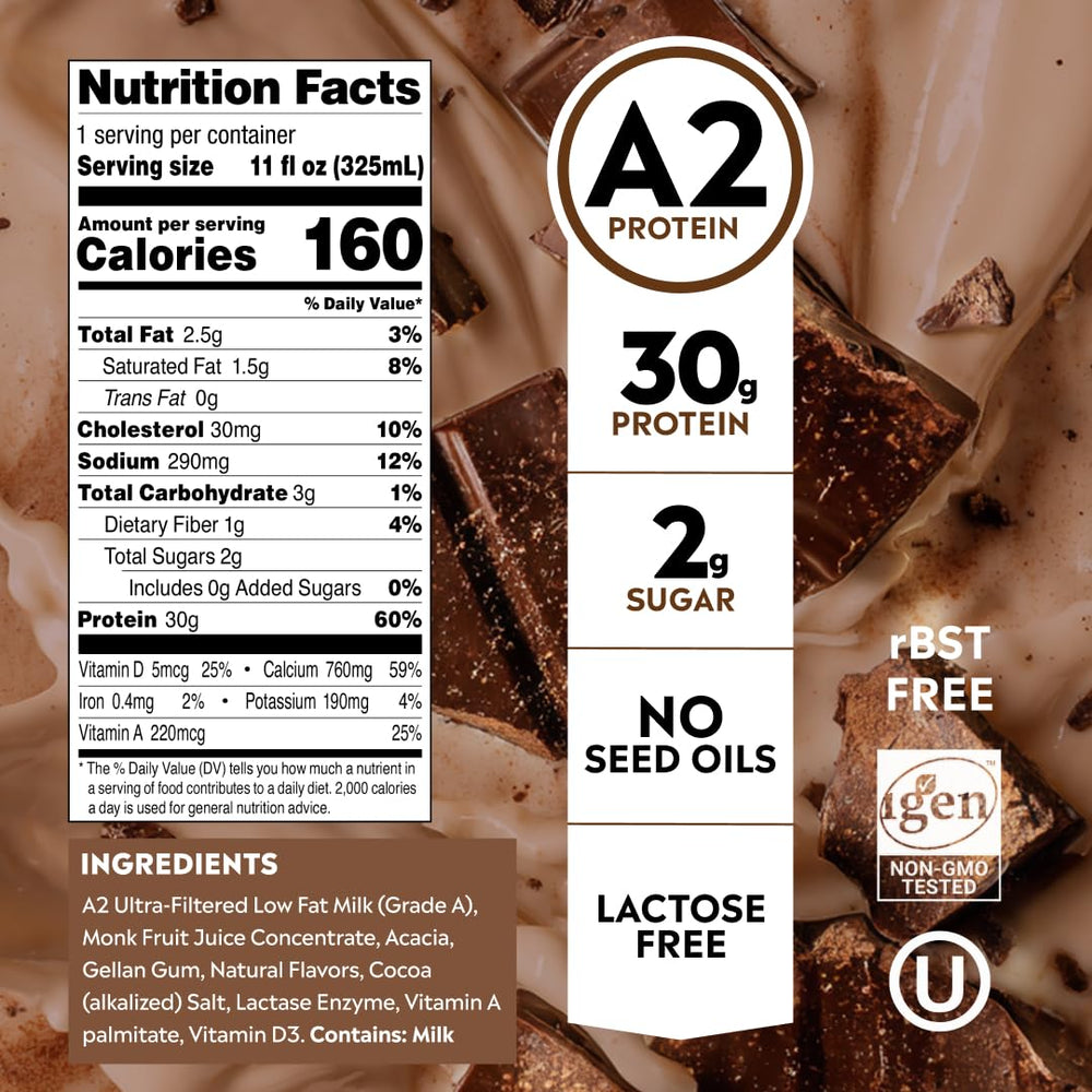Pioneer Pastures detalle de etiqueta que destaca 30 g proteína y sin azúcares añadidos