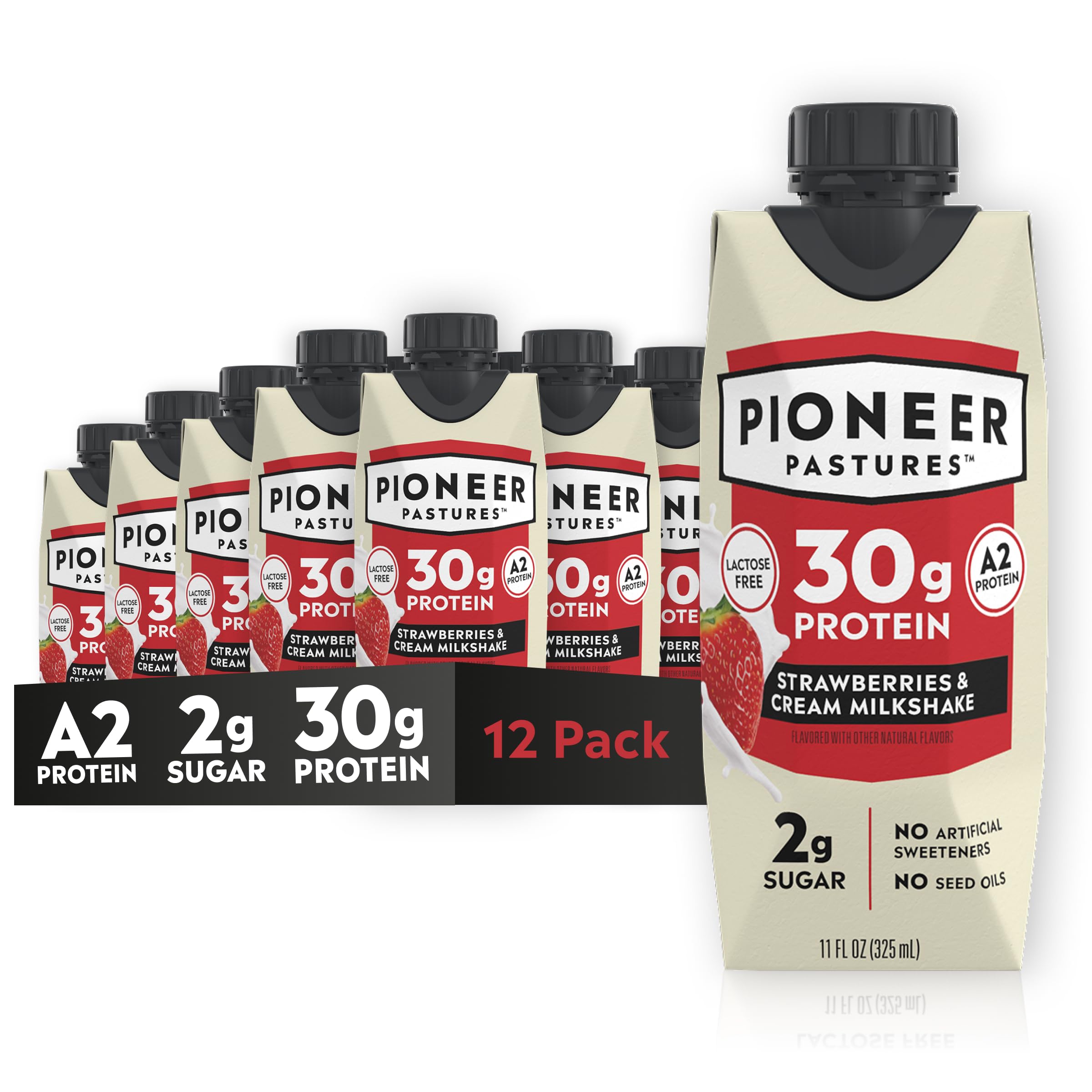 Pioneer Pastures frontal del pack de 12 botellas, conveniencia y proteína