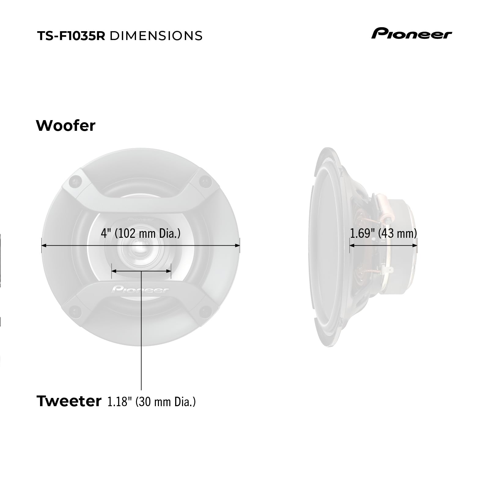 Pioneer TS-F1035R etiqueta con potencia, garantiza manejo de picos