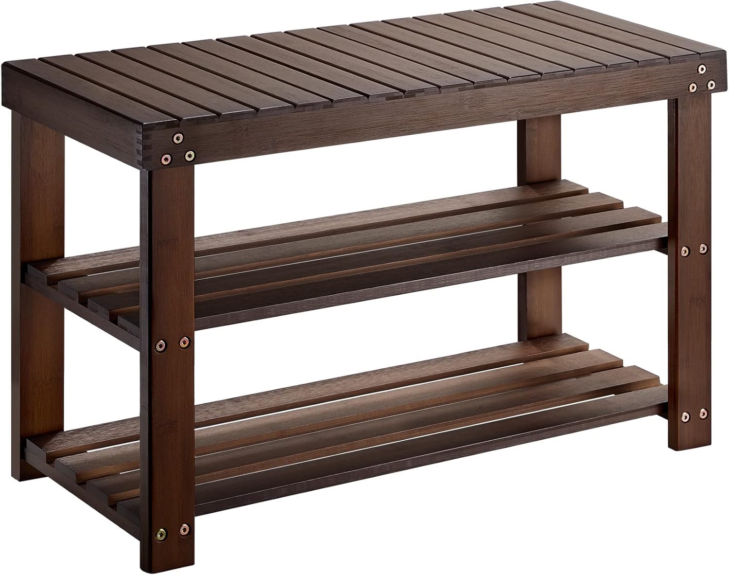 Pipishell front view bench showing three-tier storage and warm brown finish, organized entry benefit