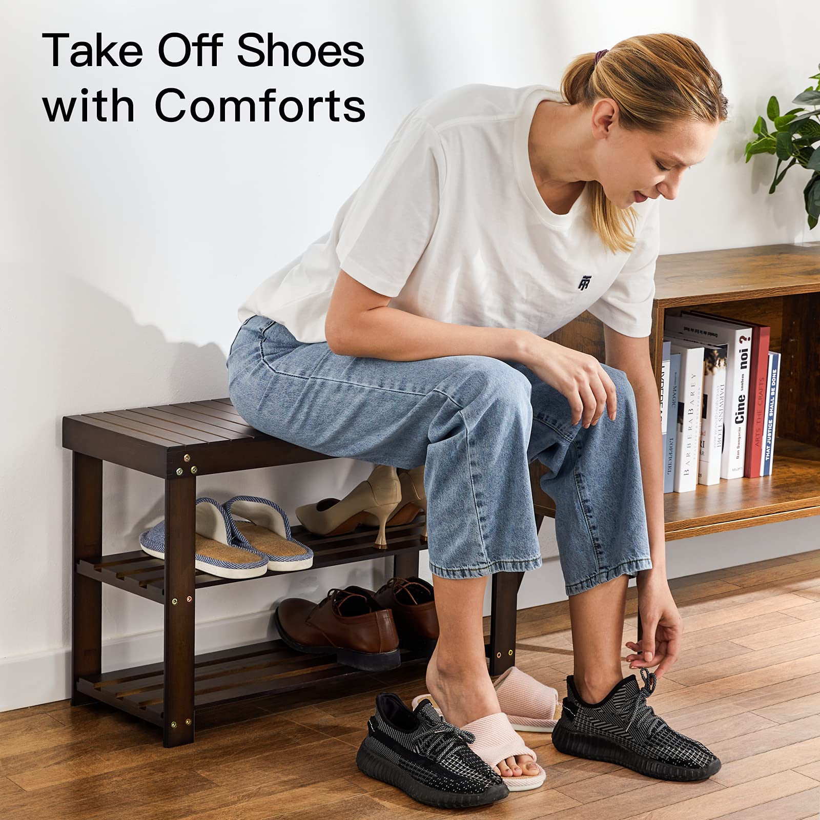 Pipishell bench holding multiple shoes on shelves demonstrating space-saving organized entryway benefit