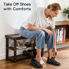 Pipishell bench holding multiple shoes on shelves demonstrating space-saving organized entryway benefit