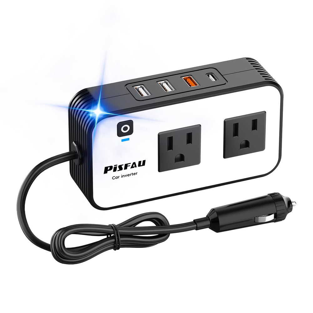 PiSFAU inversor 200W frontal mostrando enchufes AC y diseño compacto, práctico para viajar