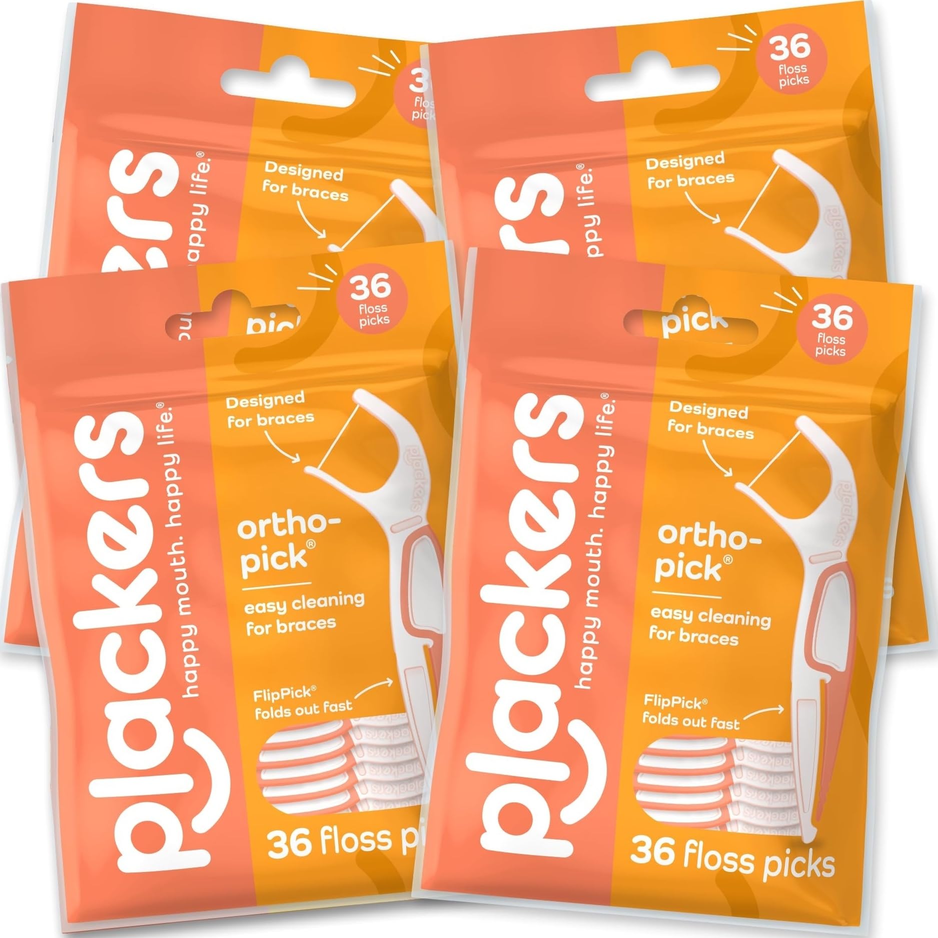 Plackers OrthoPick frente del empaque mostrando 36 unidades y beneficios
