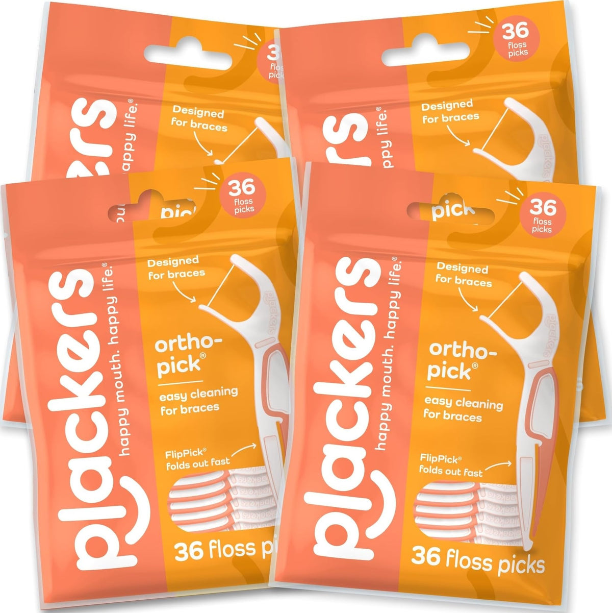 Plackers OrthoPick frente del empaque mostrando 36 unidades y beneficios