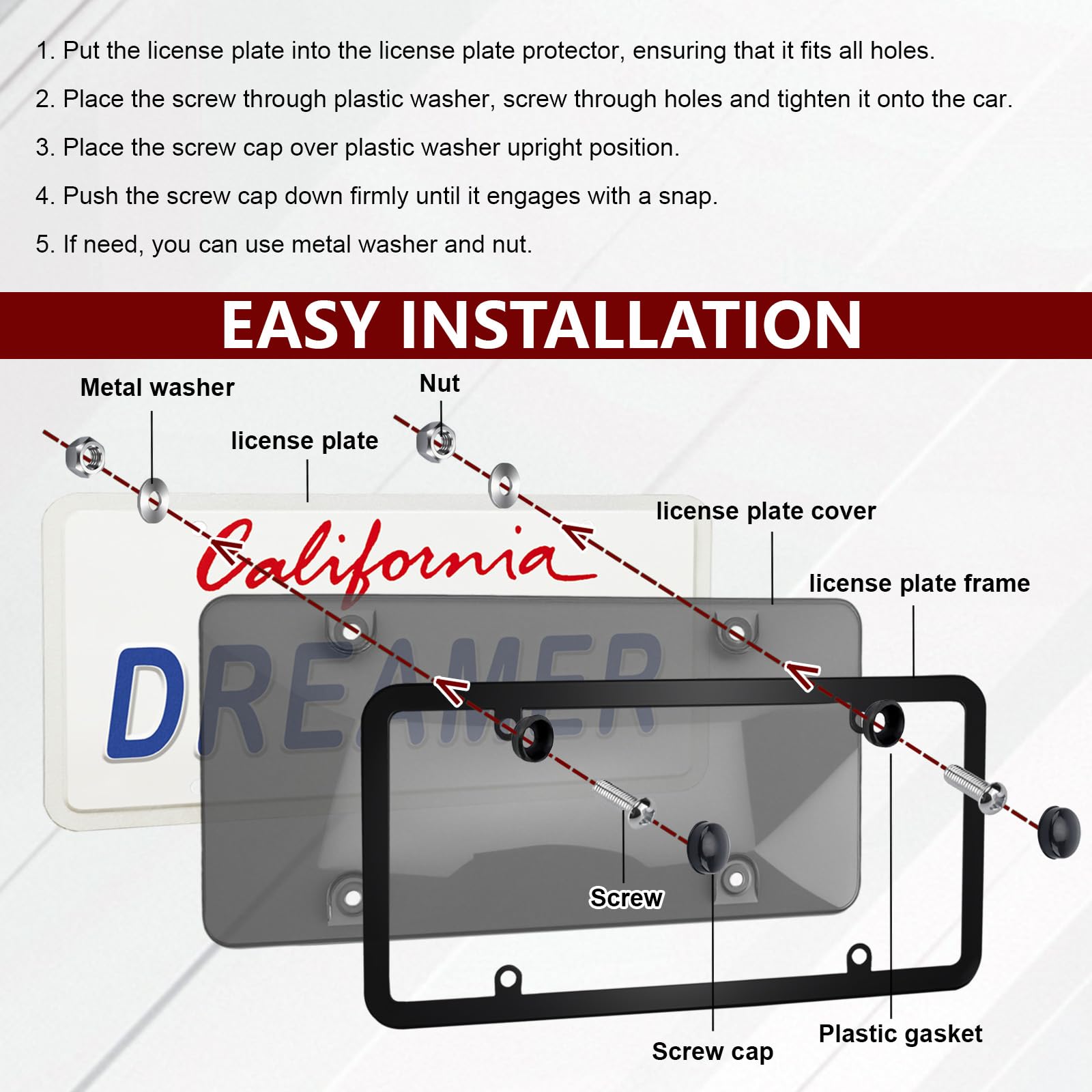 PLALEI clear frame installed on a sedan front plate showing protected visible registration