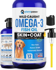 PlanoPaws envase frontal mostrando omega‑3 y beneficio para pelaje