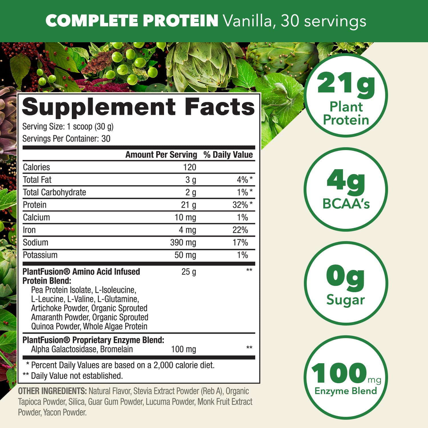 PlantFusion scoop of powder highlighting 21g protein per serving benefit