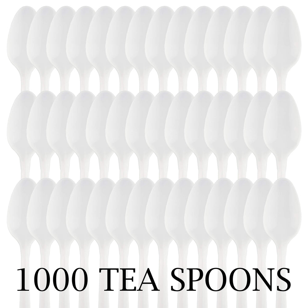 PLASTICPRO labeled box open revealing 1000 spoons for events